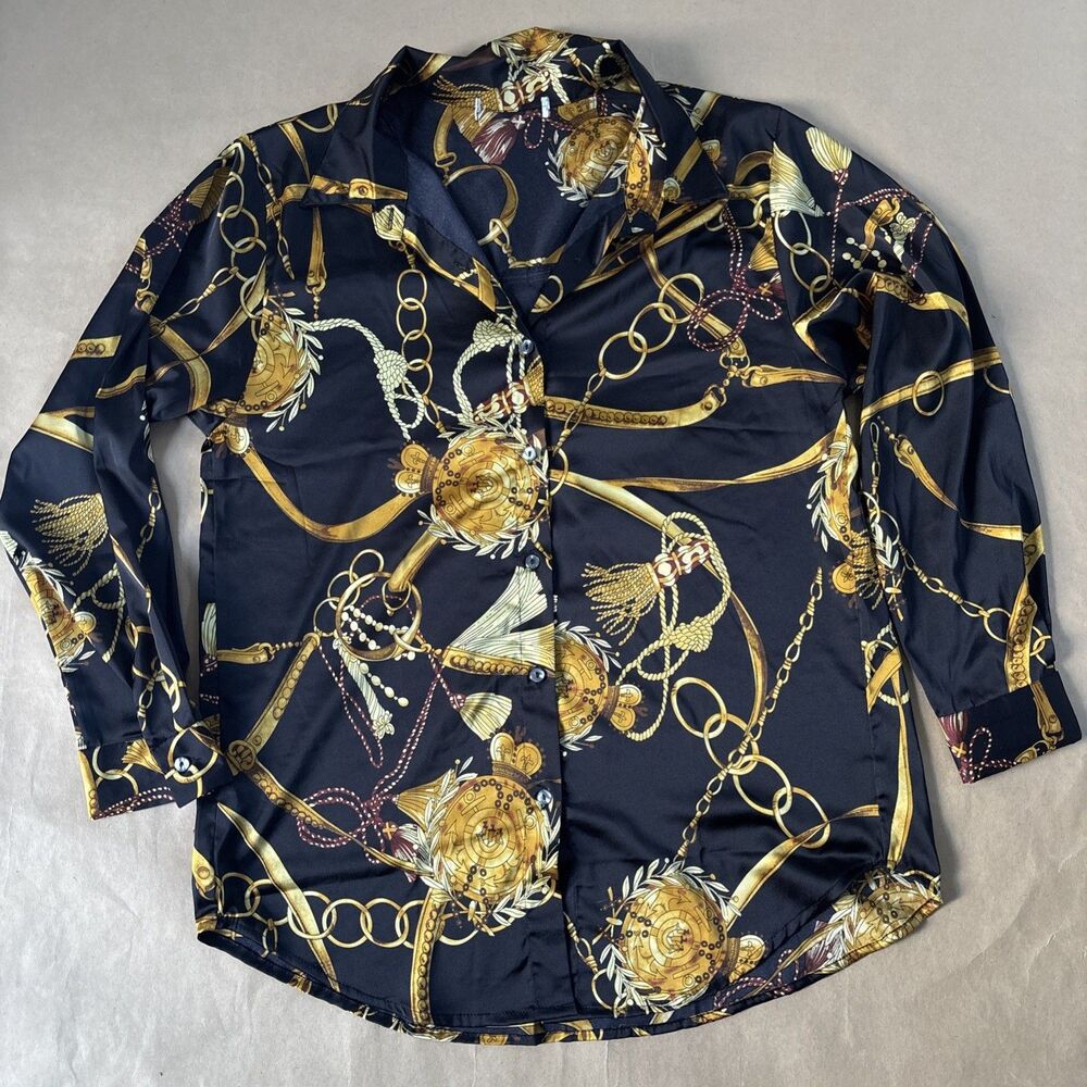 JON & ANNA Contemporary Women’s Blouse Shirt Chains Size Large Black And Gold